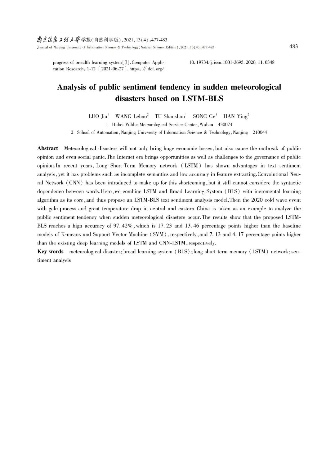 Public Sentiment Analysis of Meteorological Disasters Based on LSTM-BLS